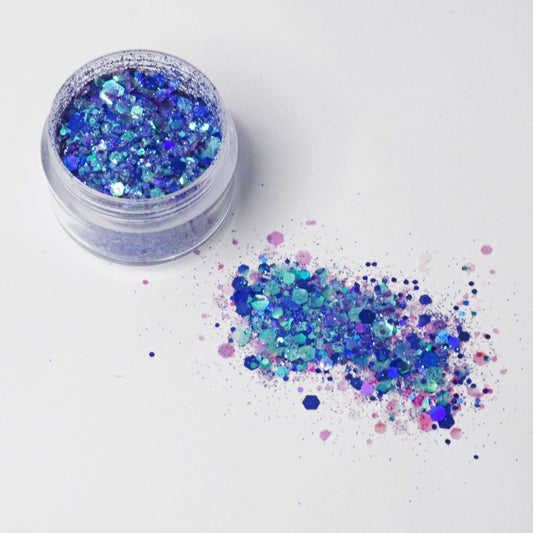 glitter, blue glitter, deep dive, festival makeup, fun makeup